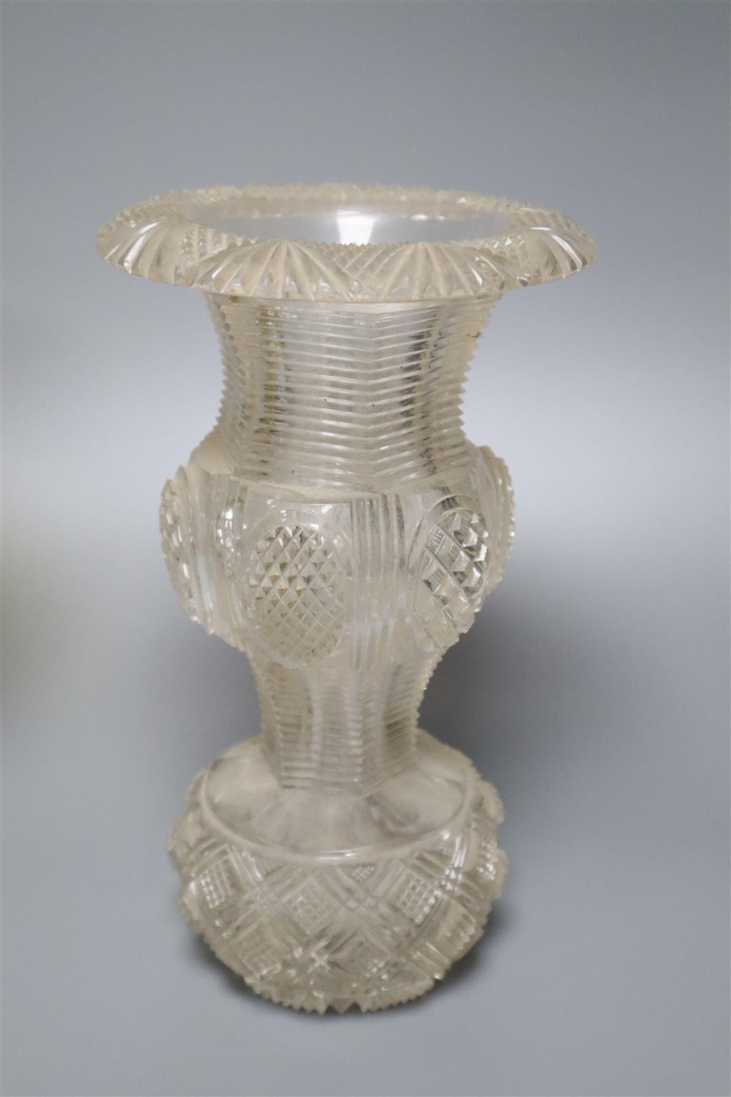 A Bohemian glass vase, a baluster vase and two glass frogs, tallest 22cm
